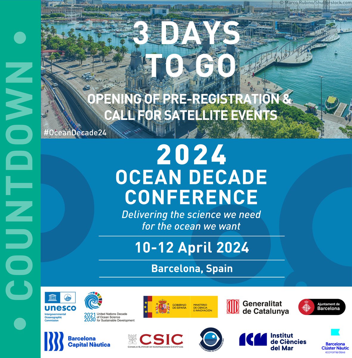 3 days to go! ⏳ The #OceanDecade24 Conference hosted by #Spain in #Barcelona in April 2024 will lay the foundations for ocean-based solutions for sustainable development on the road to the 2025 UN Ocean Conference in #Nice, #France. ➡️ lnkd.in/dT-sa9Dg #SDG14 #UNOC25