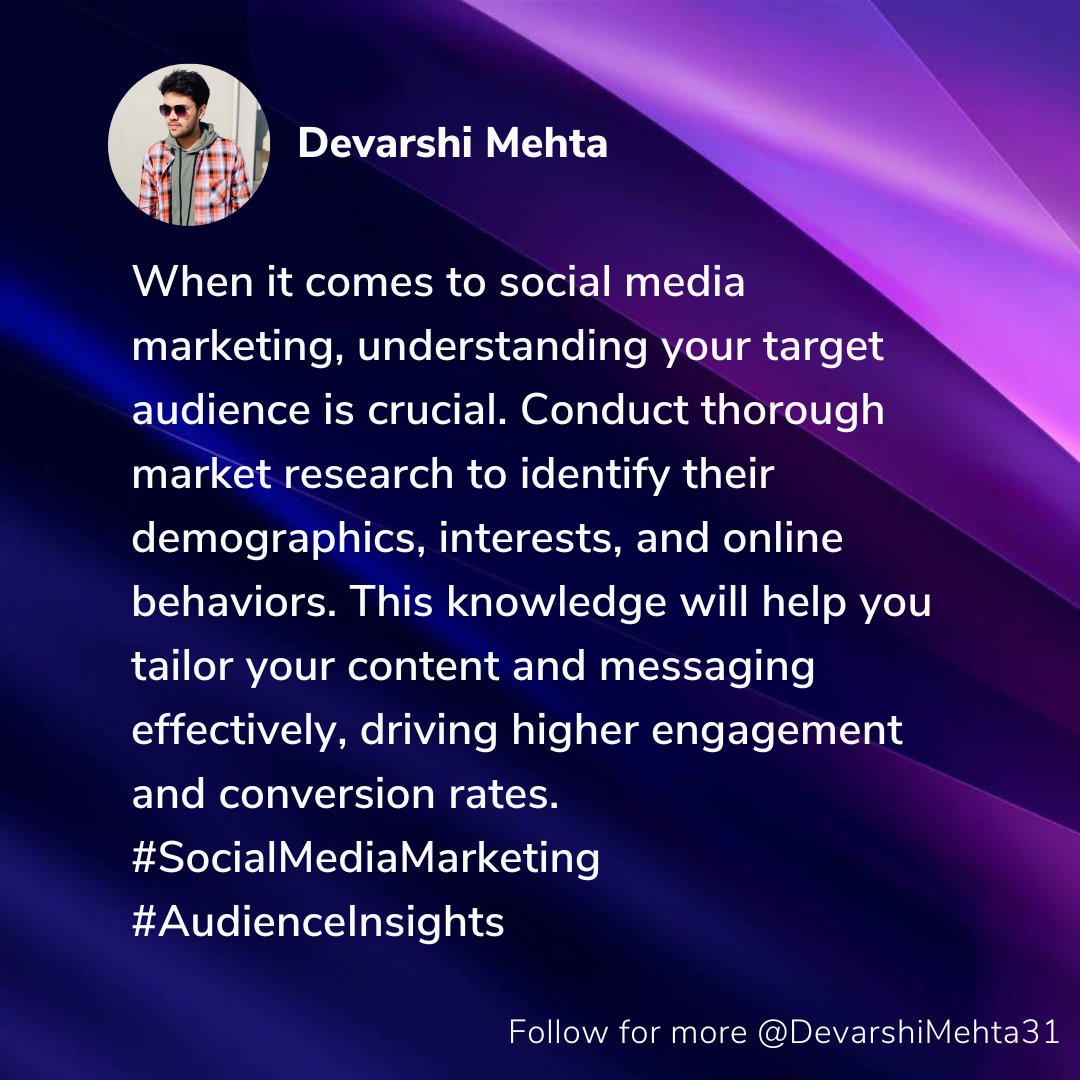 DevarshiMehta31's tweet photo. By conducting comprehensive market research to understand your target audience's demographics, interests, and online behaviors, you can optimize your content and messaging to increase engagement and conversion rates in social media marketing📈🚀#SocialMediaMarketing #content https://t.co/kpDAxwzCWP