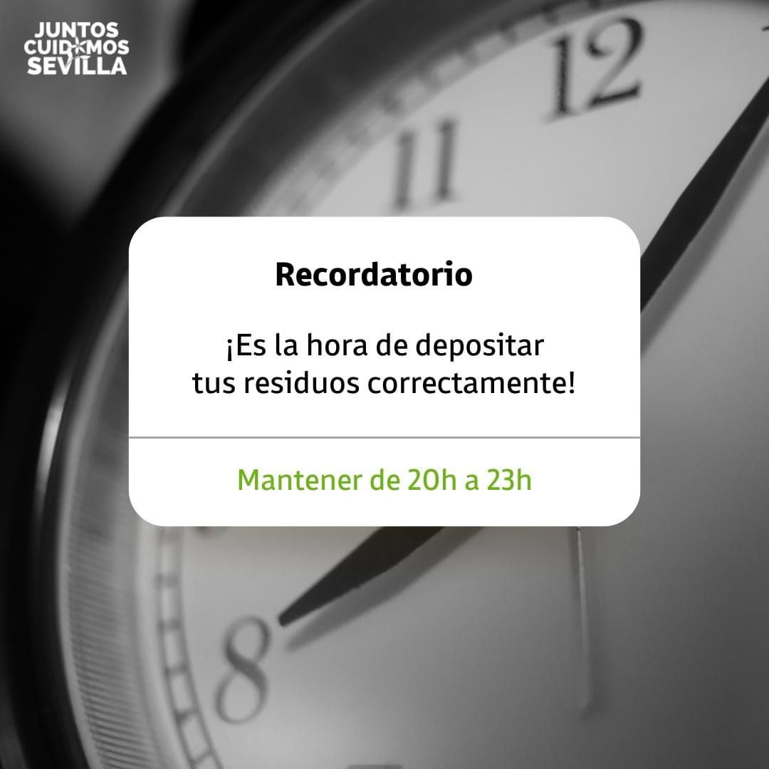 Ayto_Sevilla's tweet photo. ⏰ ¡No tires la basura por la mañana! Recuerda que el horario para dejarla en el contenedor es de 20:00 a 23:00 horas, para reducir los malos olores. Con un pequeño gesto puedes ayudar a mantener #Sevilla cuidada.
🙏🏼 ¡Gracias por colaborar!
#CumpleTuParte #CuidaTuCiudad https://t.co/G9nsukcSDX