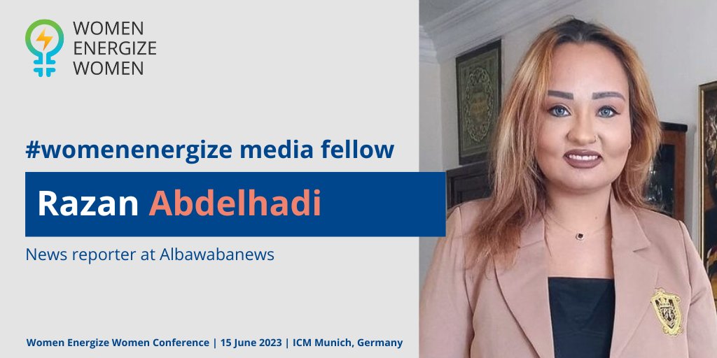 Meet #womenenergize #mediafellow Razan Abdelhadi @rezanabdelhadi from #Jordan 🇯🇴 attending our Women Energize Women #conference on 15 June 2023 in #Munich, #Germany.

#womeninrenewables #energypartnerships #womeninenergy

@BMWK @giz_gmbh @bEEmerkenswert @BSWSolareV @AlBawabaNews