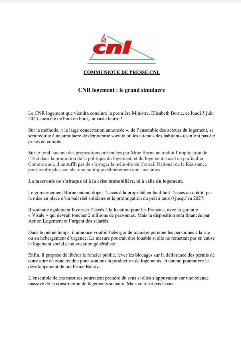 La_CNL's tweet photo. CNR #logement : la #CNL dénonce  un grand simulacre ( de démocratie) et un nouveau pas dans la financiarisation du logement. Avec @Elisabeth_Borne et @EmmanuelMacron c'est + pour les propriétaires privés et -  pour les habitants-es.
La déclaration complète de la #CNL
 ⬇️ https://t.co/a02H7wWkgo