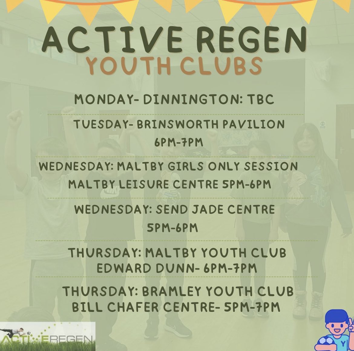 ACTIVE REGEN YOUTH CLUBS🙌

Listed below are our current youth programmes which are based in and around the Rotherham area!

#activeregen #youthclubs #brinsworth #maltby  #bramley #activeregenrotherham #youthactivities #rotherham #southyorkshire