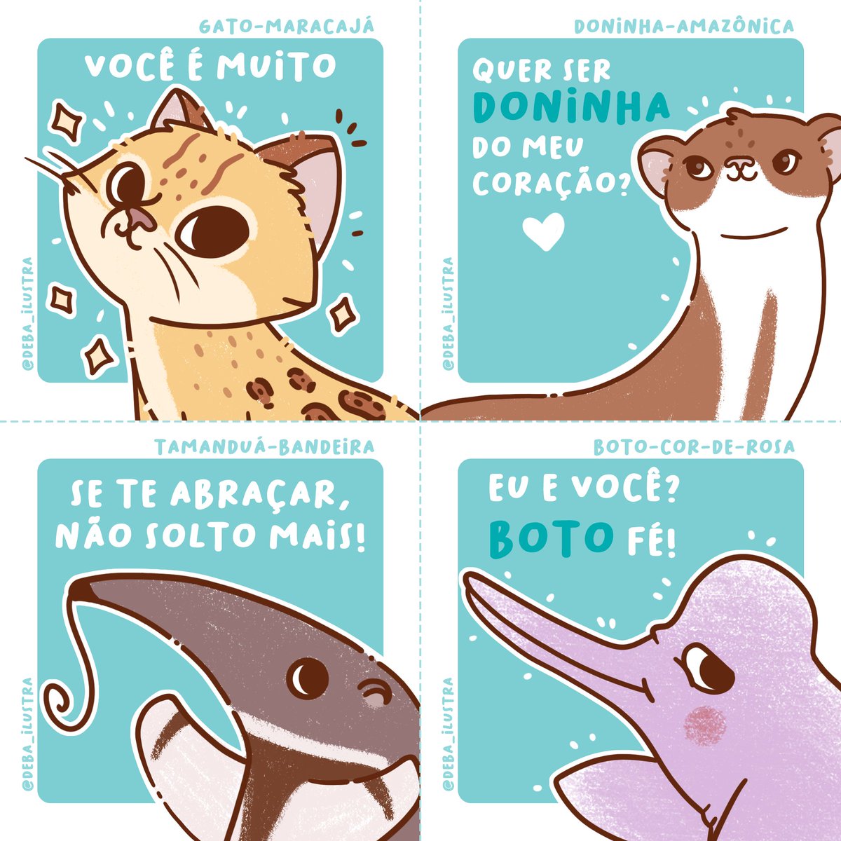 deba_ilustra's tweet photo. Já que estamos em clima de festa junina e dia de namorades chegando, fiz esse 💌correio elegante pra vcs arrasarem na quermesse 🔥 (ou não)

(tentando postar de um jeito q o twitter não corte)

#faunabrasileira #animaisbrasil #tamandua #correioelegante #gato #boto #doninha https://t.co/UwhyeMda7V