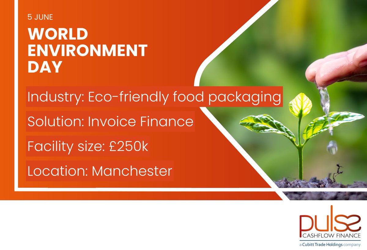 pulsefinanceltd's tweet photo. Today marks #WorldEnvironmentDay  🌍🌳

We are proud to support to support this client who is a supplier of eco-friendly food packaging. Through a £250k Invoice Finance solution, they can confidently grow their business and continue to make a positive impact on the planet🤝 https://t.co/loMua9DI5G