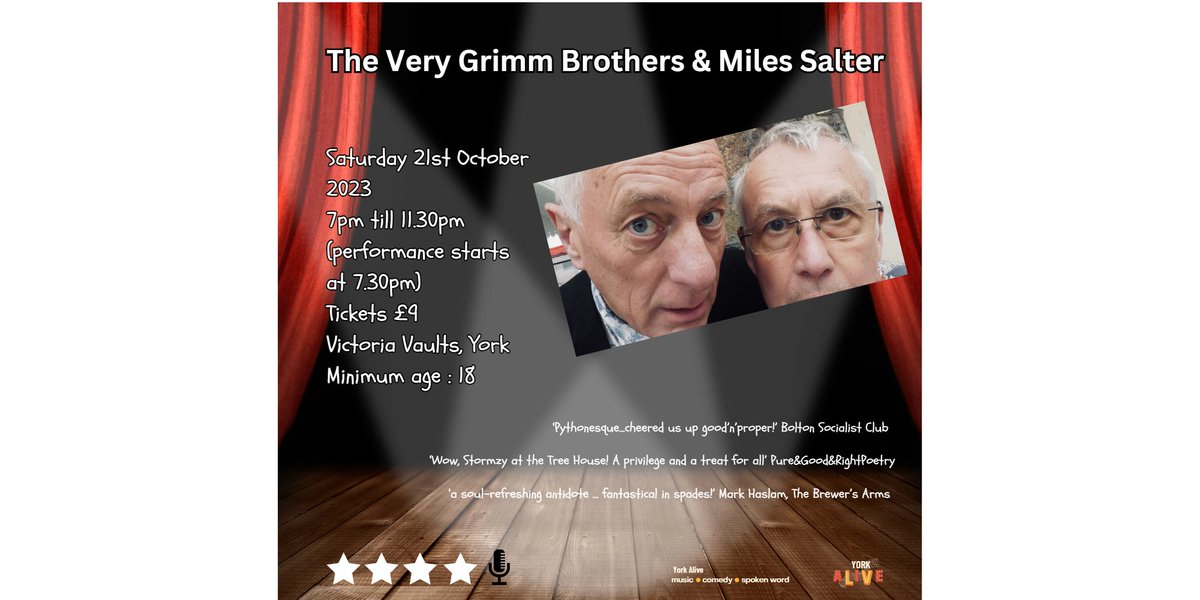 The Very Grimm Brothers Unlocked plus Miles Salter Victoria Vaults York Saturday 21st October 2023, 7:00 pm till 11:30 pm  Get your Tickets here  👉 bit.ly/43iNa4w

#yorkevents #theverygrimmbrothers #spokenword