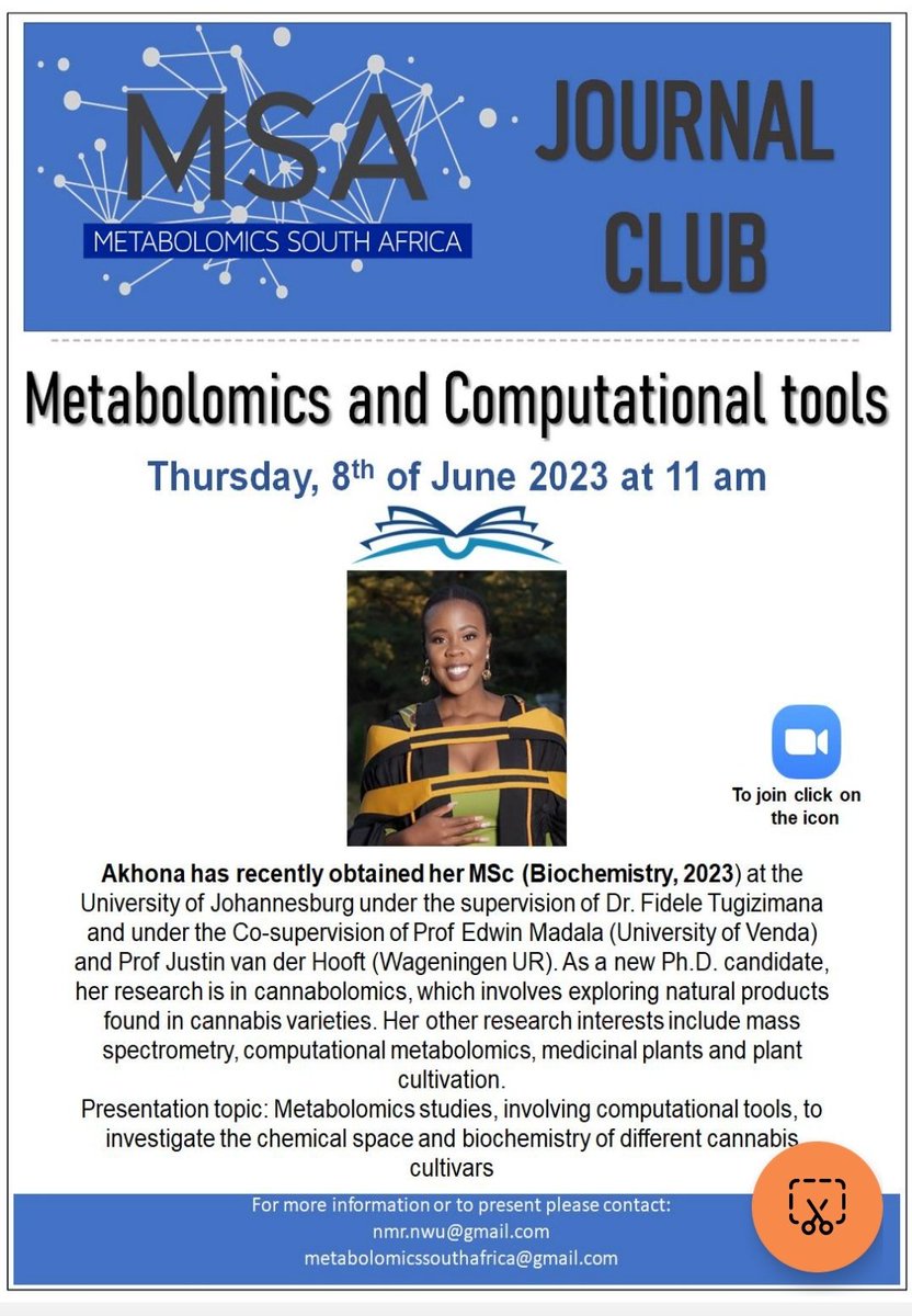 MSA_EC's tweet photo. The UPCOMING #MSAjournalclub will be hosted on the 8th of June 2023 (Thursday) at 11am (SAST). #metabolomics #cannabolomics #cannabis #molecularnetworking 
Please join using this link: https://t.co/Qm7JbLM7N3 https://t.co/RkL5YclAUW
