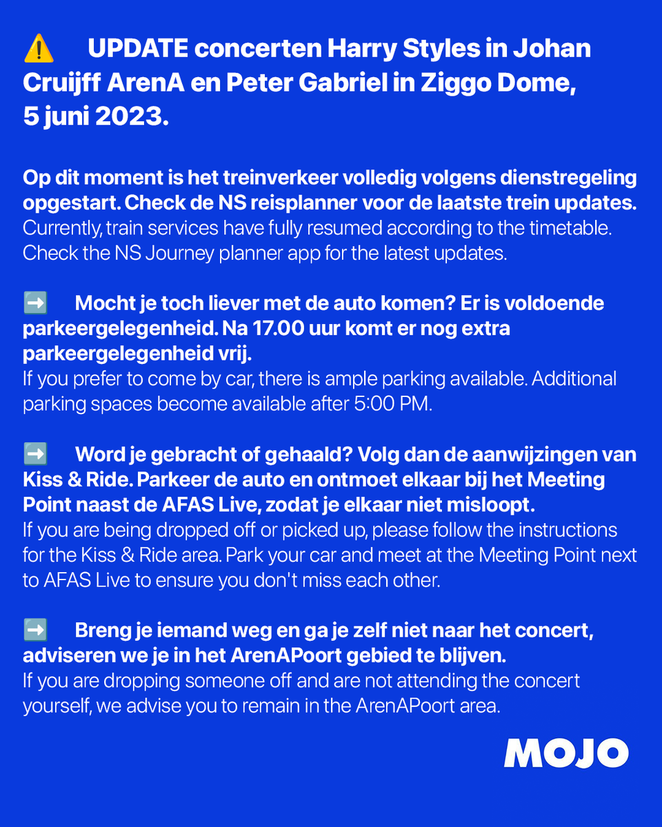 mojoconcerts's tweet image. 🇳🇱 Harry Styles start om 21.00, eindigt rond 22.45 uur.
🇬🇧 Harry Styles starts at 9:00 PM, ends around 10:45 PM.
livecrowd.com/harrystyles

🇳🇱 Peter Gabriel begint 20.00, eindigt rond 22.40 uur. 
🇬🇧 Peter Gabriels starts 8:00 PM, ends 10:40 PM. 
livecrowd.com/petergabriel