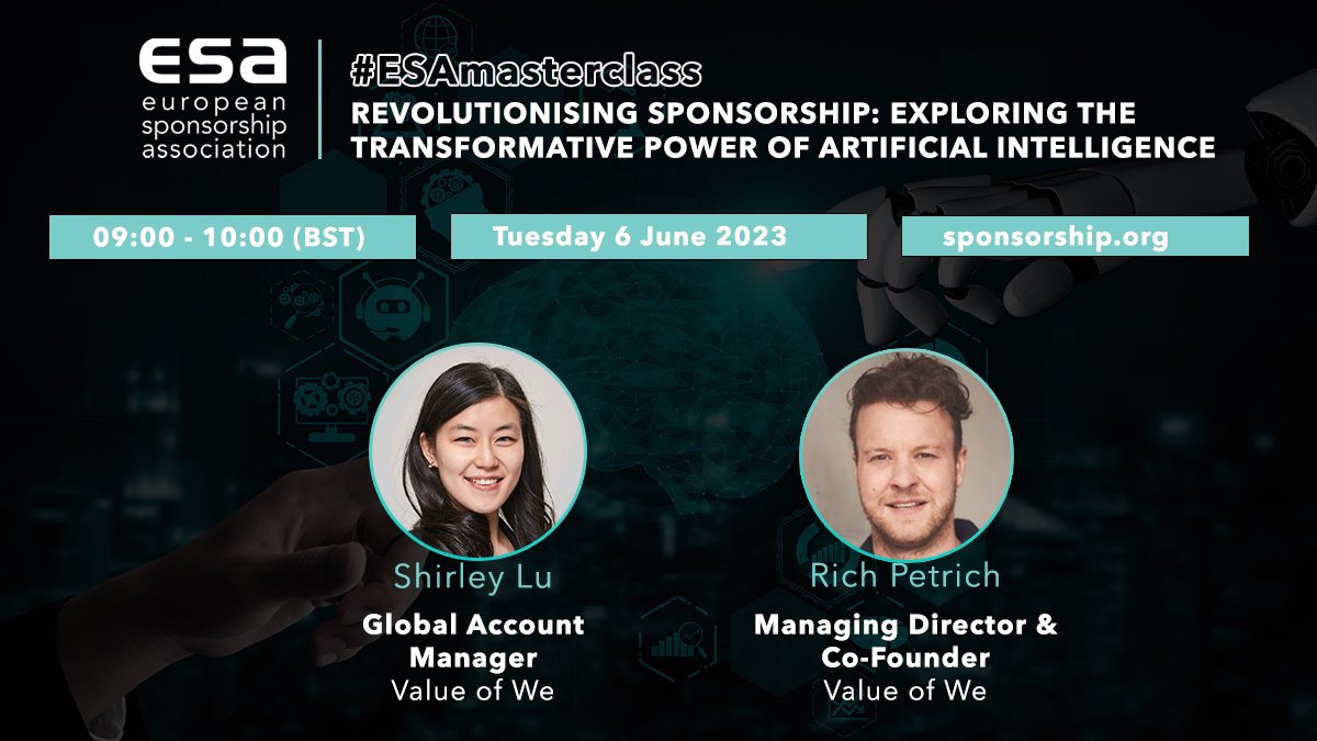 EuropSponsAssoc's tweet photo. 📢 1 DAY TO GO 📢

A #sponsorship revolution is coming... 

Tune in to discover the potential impact of artificial intelligence on our industry 👇

🧑‍🏫 #ESAMasterclass 
🖥️ Online 
🗓️ Tues 6 June 
⏰ 0900-1000 BST
🎟 https://t.co/ctN4suLFAs  

#webinar #expertise #AI https://t.co/8oRK3e1BLY
