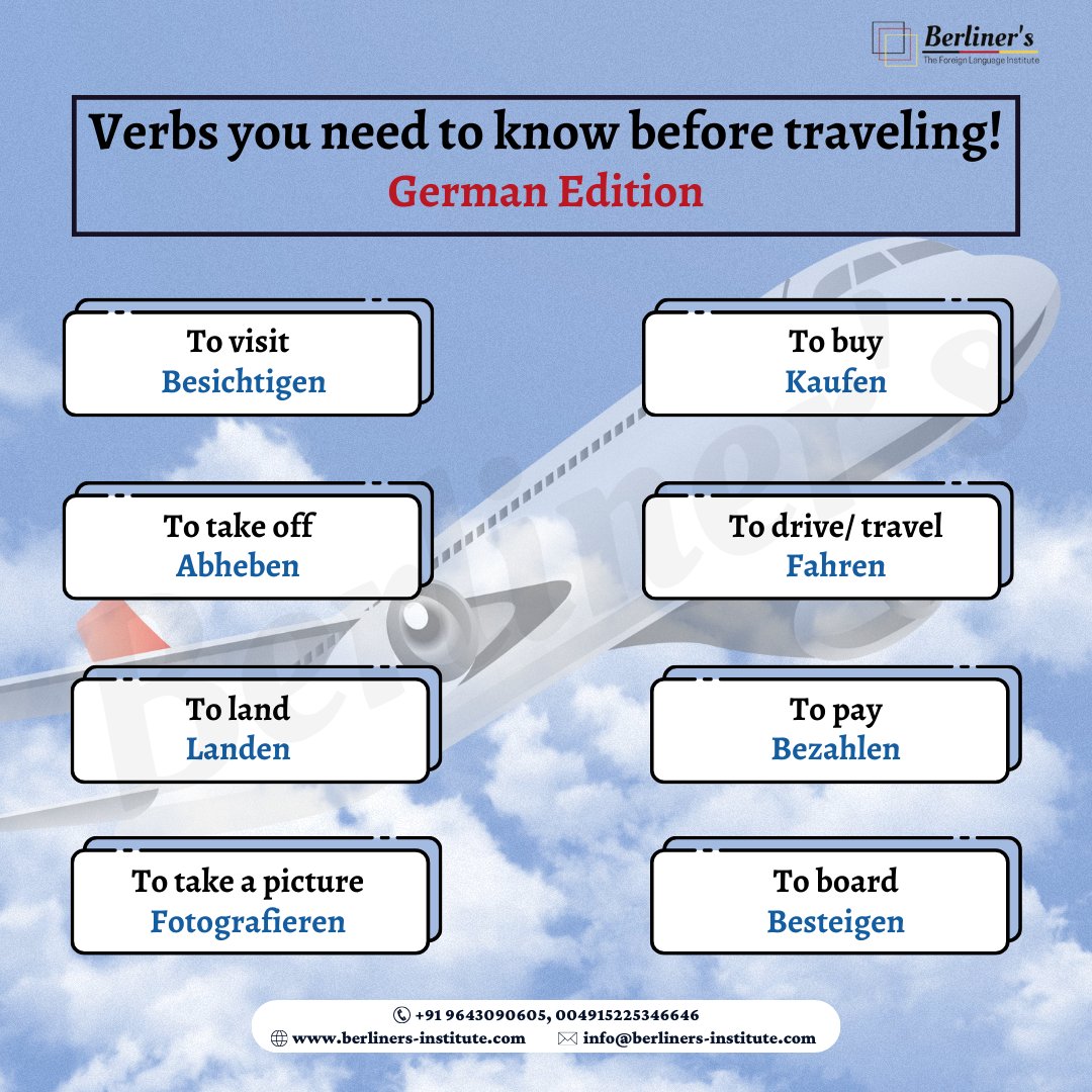 Berliners13's tweet image. Preparing for an unforgettable adventure in Germany? Master these essential German verbs before you go!
To know more call 📞 or DM 📩
#foreignlanguagecourses #speakgerman #germanclasses #learngermanfast #learngerman #kidsclasses #germanforkids #germanlanguage #GermanLanguageIsFun