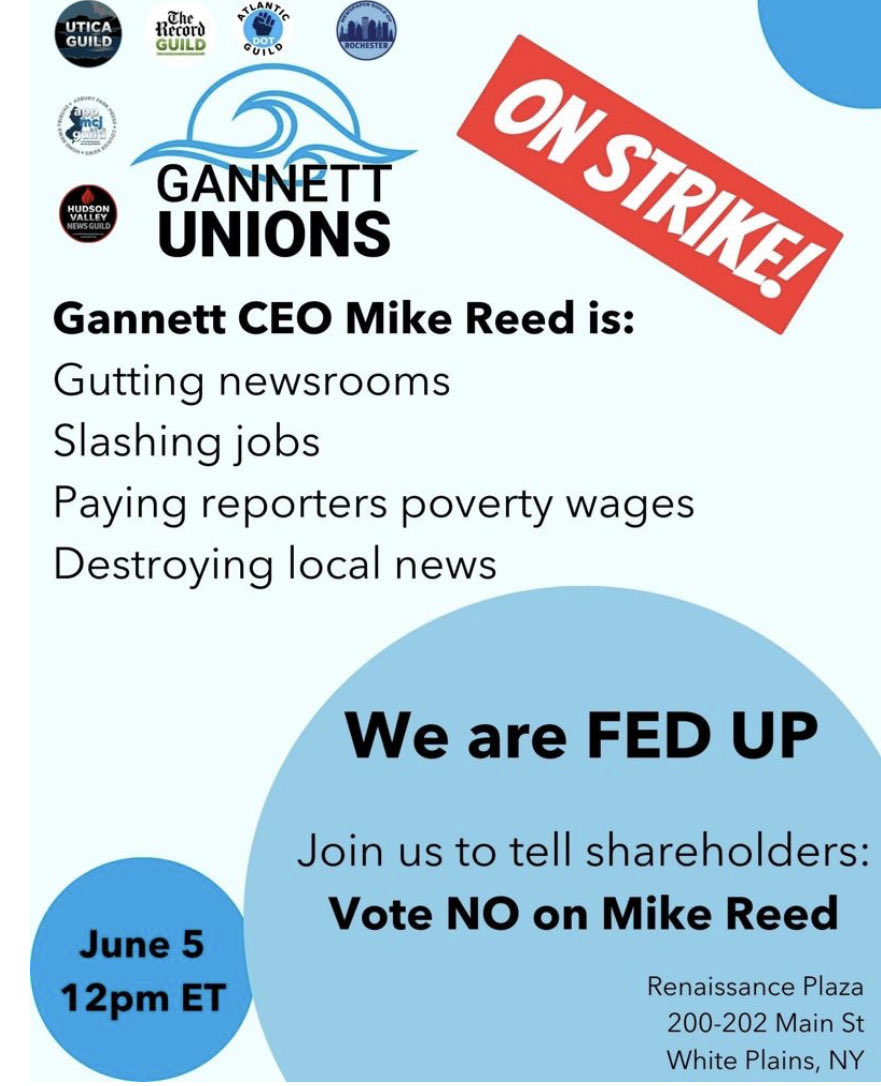 Today we walk out! We have watched #GannettGreed decimate our newsrooms and we say no more! Today, News Guild shops at Gannett outlets across the nation stand up for the communities we serve! ⁦@hvnewsguild⁩