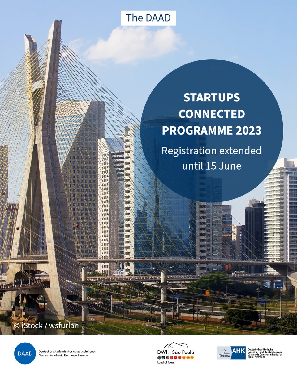 DAAD_Germany's tweet photo. Registration for this year’s #Startups Connected challenge, “Resilient  Society”, is extended! Apply until 15 June at @DWIH_SP and get the  chance to enter the Brazilian market and extend your academic network:  ➡️ https://t.co/JRJJcZTnqO

#DAAD #Brazil #innovation #resilience https://t.co/5XVrJZXE7g