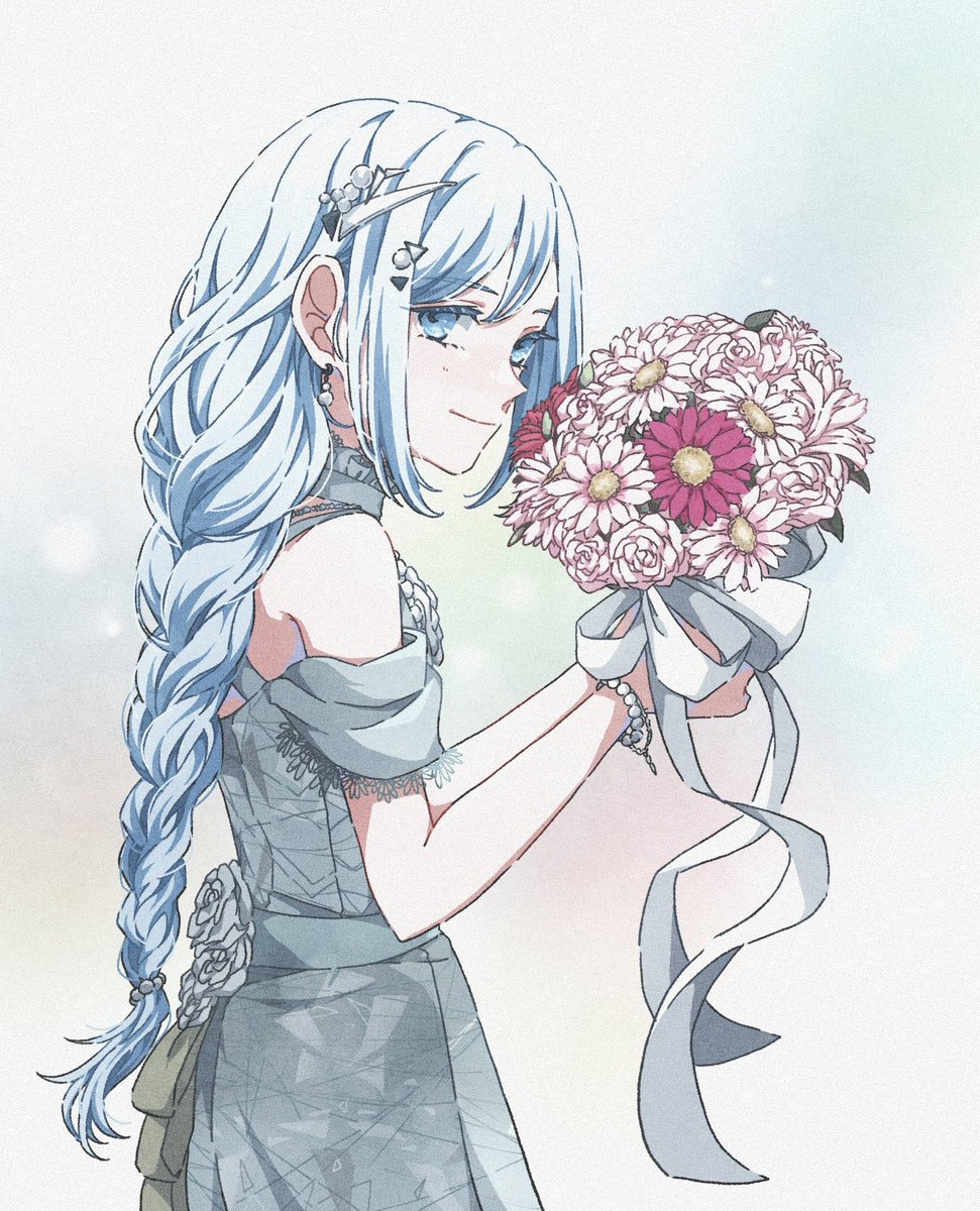1girl solo flower dress braid bouquet holding bouquet  illustration images