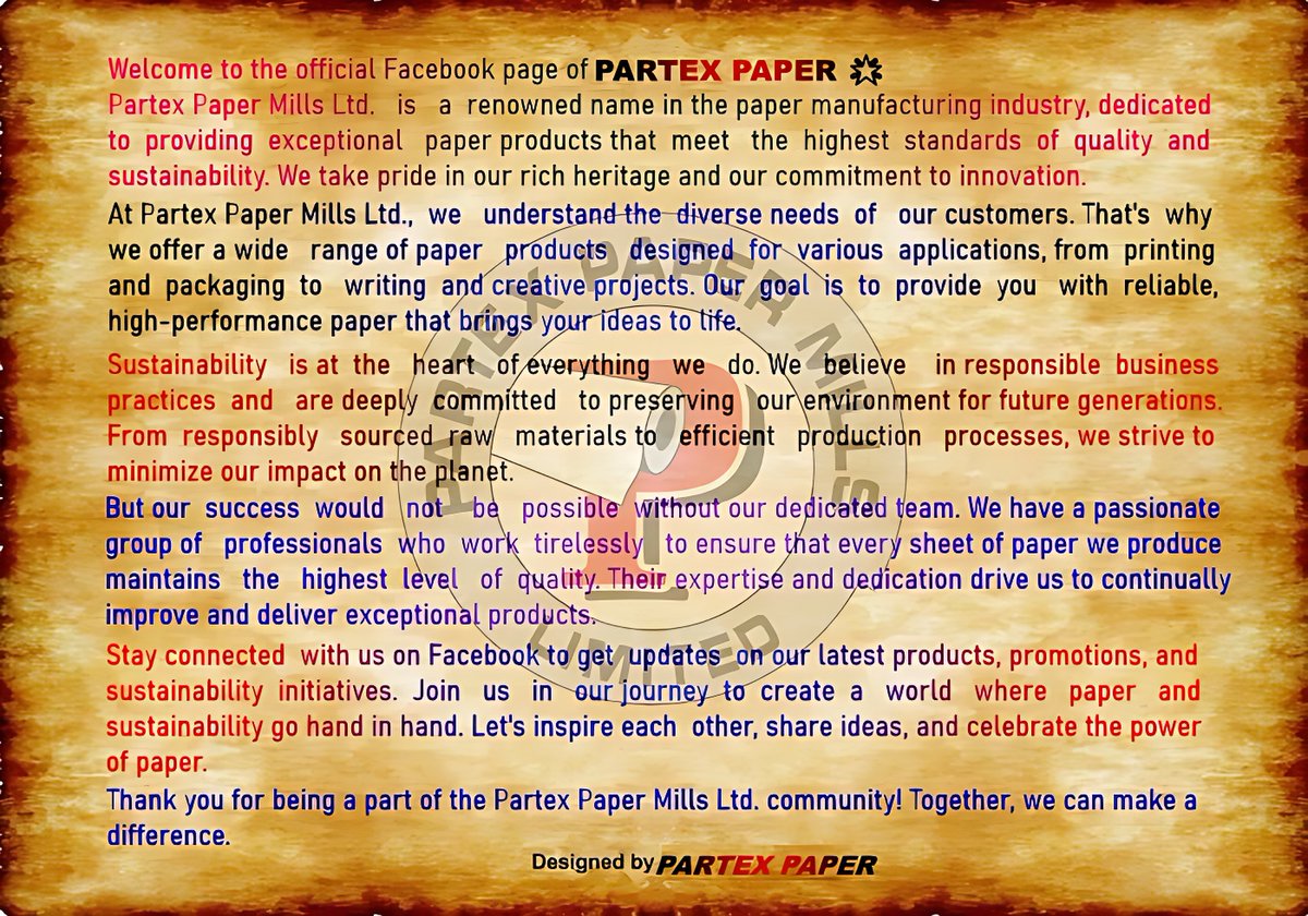 LtdPartex's tweet image. Welcome to the official Facebook page of PARTEX PAPER! 🌟
#PartexPaperMills #QualityPaper #SustainableSolutions #InnovationInPaper #PowerOfPaper #business #innovation #work #team #sustainability #success #community #share #future #thankyou #collaboration #quality #manufacturing