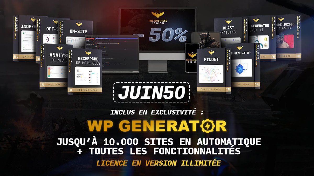 WoodsDolls's tweet photo. Formation SEO &amp; Business 🚀

1️⃣ The Business Legion : 50h de vidéos
2️⃣ Bonus n°1 : Live, Outils, TBL Generator…
3️⃣ Bonus n°2 : Licence illimitée 1 an de WP Generator (valeur: 600€)

50% de réduction avec le code : JUIN50

👉Lien de l’offre : https://t.co/MRru8rrTtM https://t.co/iHFxYb3axm