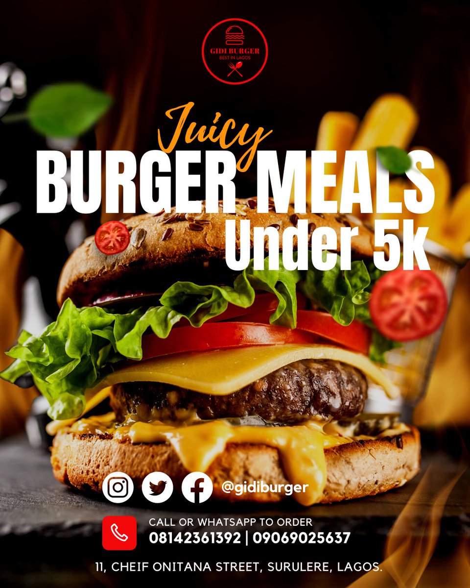 Hey there! Start your week on a delicious note at Gidi Burger! Enjoy budget-friendly burger meals under N5,000! 🍔💰 Savor juicy patties, fresh veggies, and tasty sauces without breaking the bank. 😋💯 #GidiBurger #AffordableEats 📍11, Chief Onitana street, Surulere, Lagos