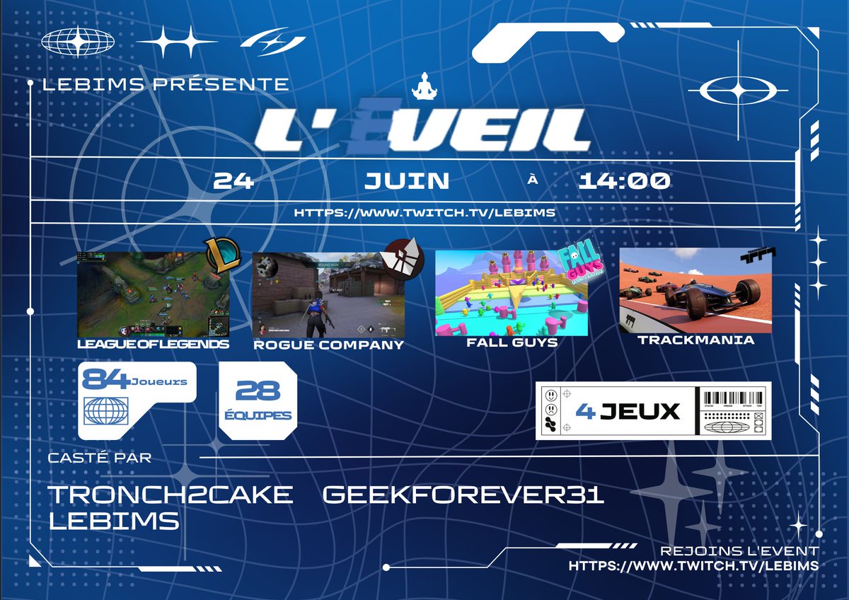 [J -19 : L'#Éveil] 🏆
Petites news du tournoi: 
Les équipes sont presque complètes, on entame la 2ème semaine de training, la cagnotte avance.
Bref, un bon petit event se prépare pour le 24. 😉

Suivez l'épopée ici, les loulous : twitch.tv/lebims . ✌
#twitch