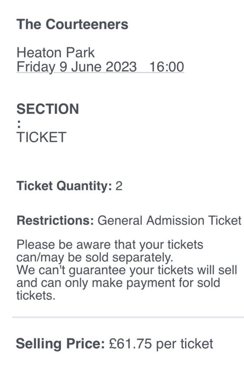 Selling x2 Courteeners Standing Tickets. Friday 9th June. Heaton Park. 

Will take £50 per ticket. 

#courteeners