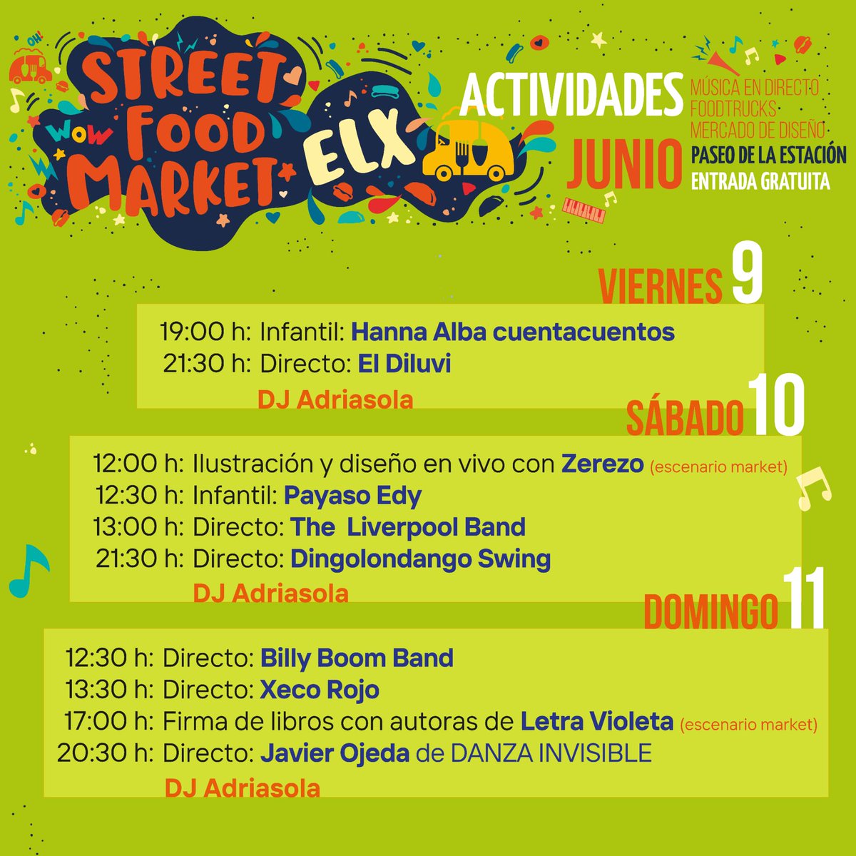 Este fin de semana el Paseo de la Estación acoge el Elx Food Street Market.

🚙14 foodtrucks con la mejor comida internacional.

🛍18 puestos de artesanía moda y diseño.

🎤Un completo cartel con la mejor música en directo y actividades para toda la familia.

¡No te lo pierdas!