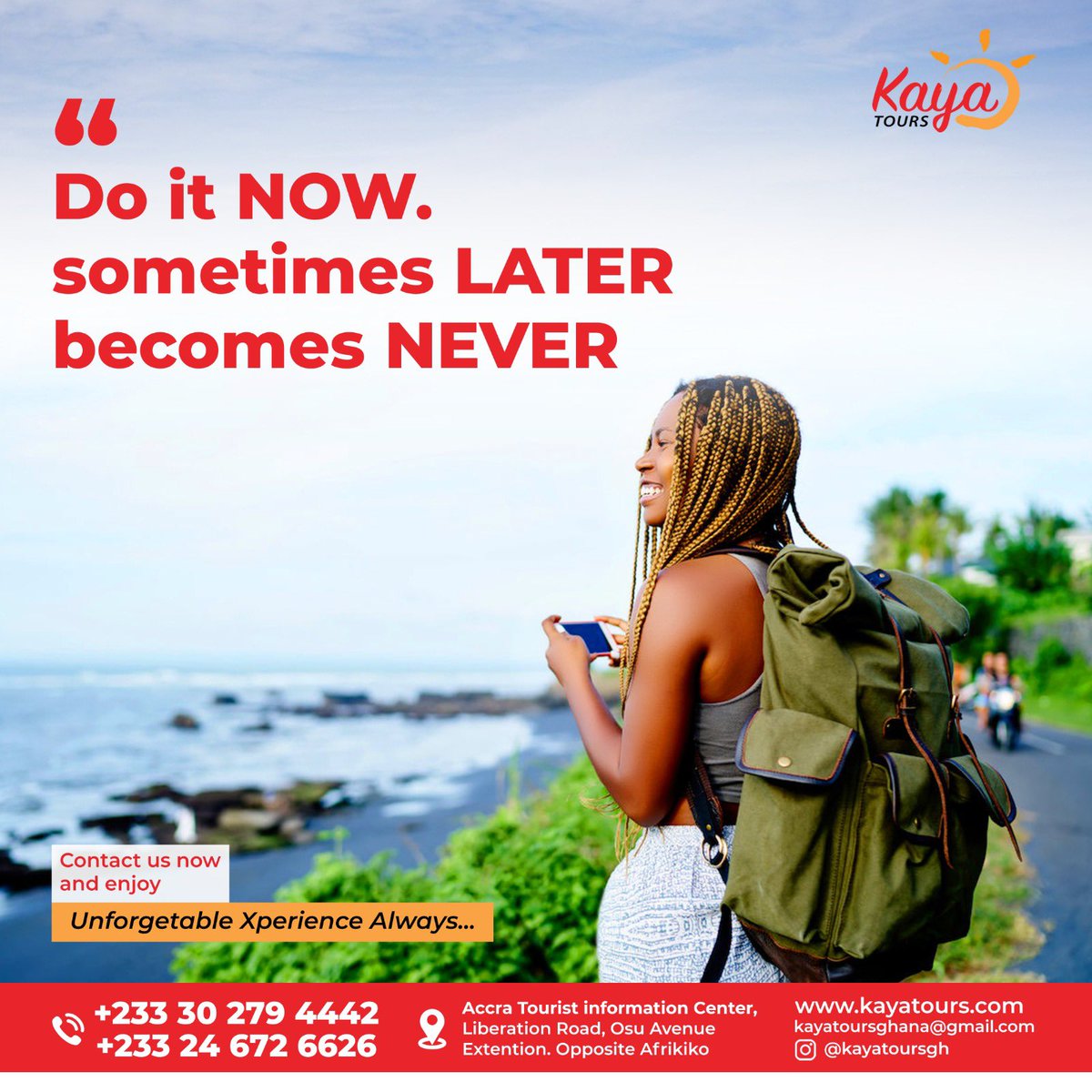 'Do it NOW, sometimes LATER becomes NEVER' #KayaTours #MondayQuote 

Challenge yourself to step out of your comfort zone and embrace new experiences.
Growth happens when we push ourselves beyond what we think we're capable of.

Kaya Tours …  Always Unforgettable Xperiences