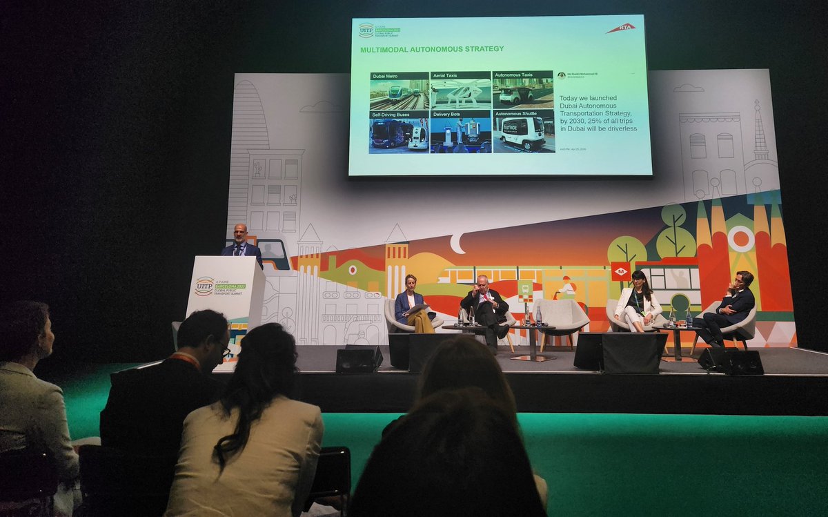 25% of trips will be autonomous in #Dubai by 2030 - Ahmed Bahrozyan, CEO PTA, <a href="/rta_dubai/">RTA</a> at the #UITP2023 Summit in #Barcelona during the panel on how large entities in #PublicTransport lead innovation - moderated by <a href="/Karinesbi/">Karine Sbirrazzuoli</a>, K&amp;I Sr. Director, <a href="/UITPnews/">UITP</a>