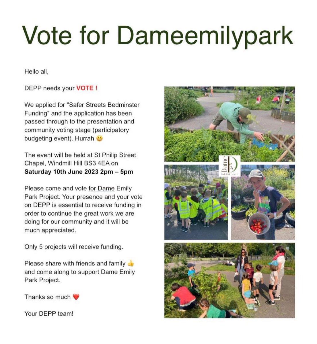 HELP!! Please vote for us to receive some funding. Sat 10th June in person. Read below 👇