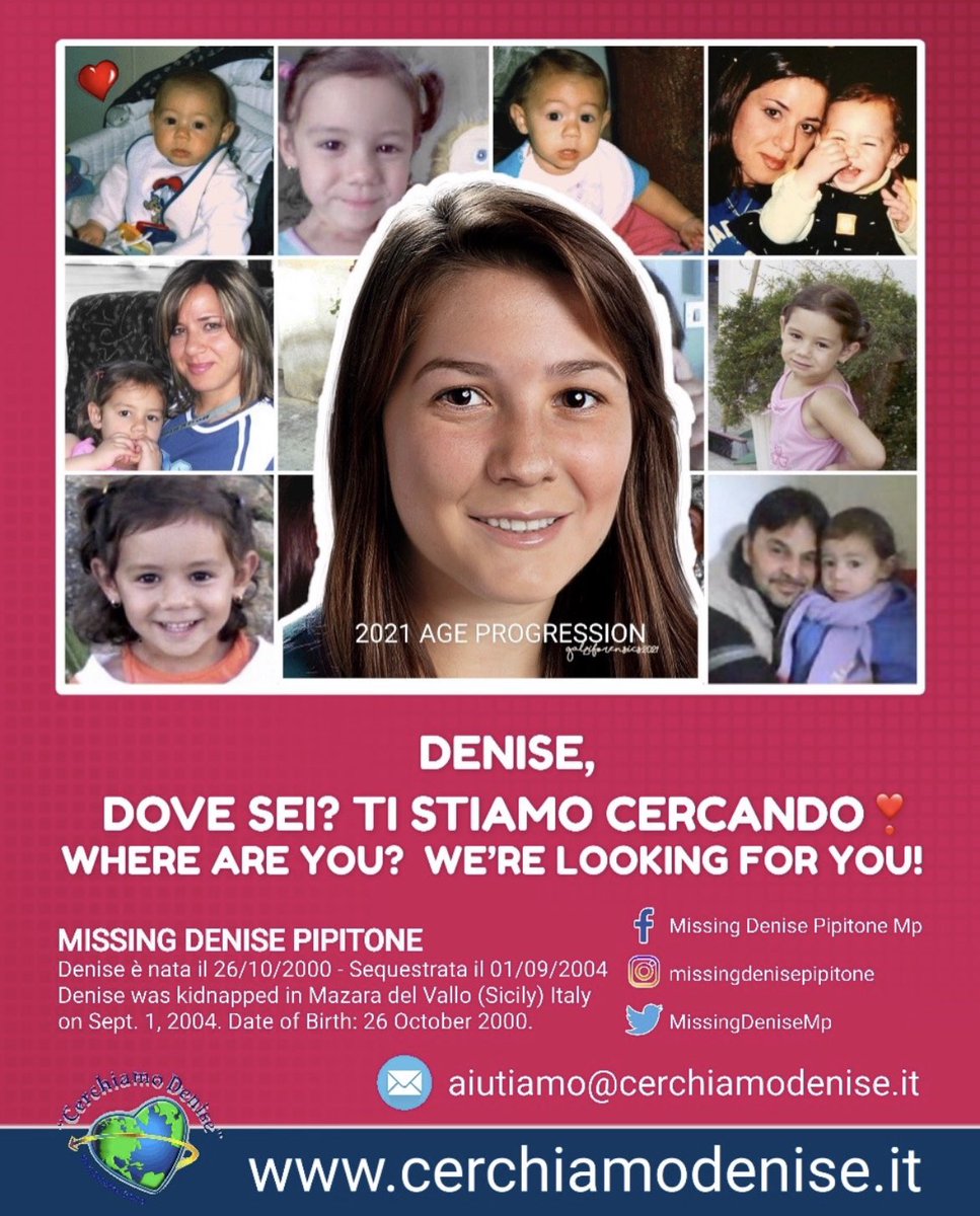 Could you please help find #DenisePipitone  by sharing this? ❤️
She was kidnapped in 2004, at the age of almost 4.
Thank you ❤️ #MissingDenisePipitone #Italy #CerchiamoDenise #IlPopoloDiDenise #World