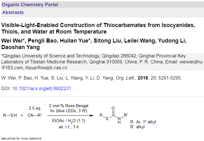 organic_portal's tweet photo. https://t.co/UZGcoasmxv
A convenient visible-light-induced reaction of isocyanides, thiols, and water provides various thiocarbamates under mild reaction conditions https://t.co/4YwRdBUIdo