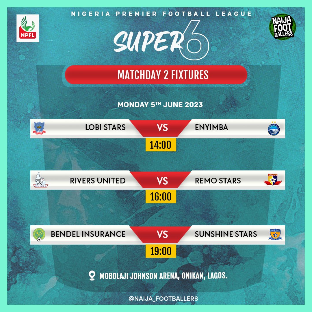 The NPFL Super 6 continues today in Lagos. Here are the matchday two fixtures. 

#NPFL #NPFL23ChampionshipPlayoff #NPFL23Super6 #9jaFootballers
