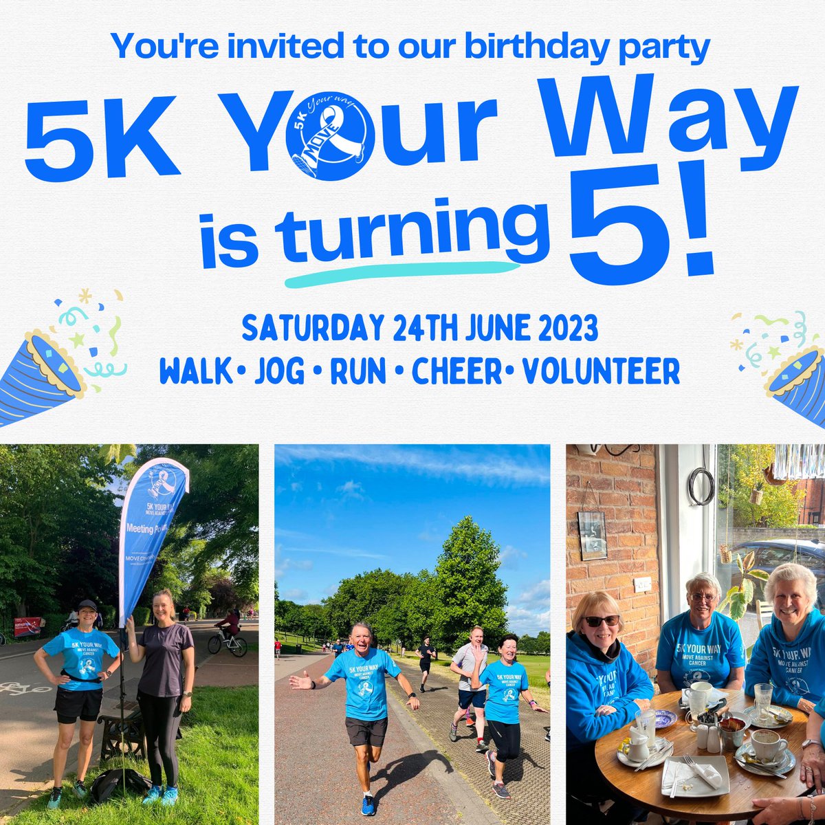 🌳Join us on Saturday 24th June at your local 5KYW, to celebrate our 5th Birthday!
🌈 Please also consider donating £5 to celebrate 5 years of 5k Your Way.
⭐ Find out more and support our fundraising by visiting our JustGiving page: lght.ly/j2mcl25
💙Thank you!