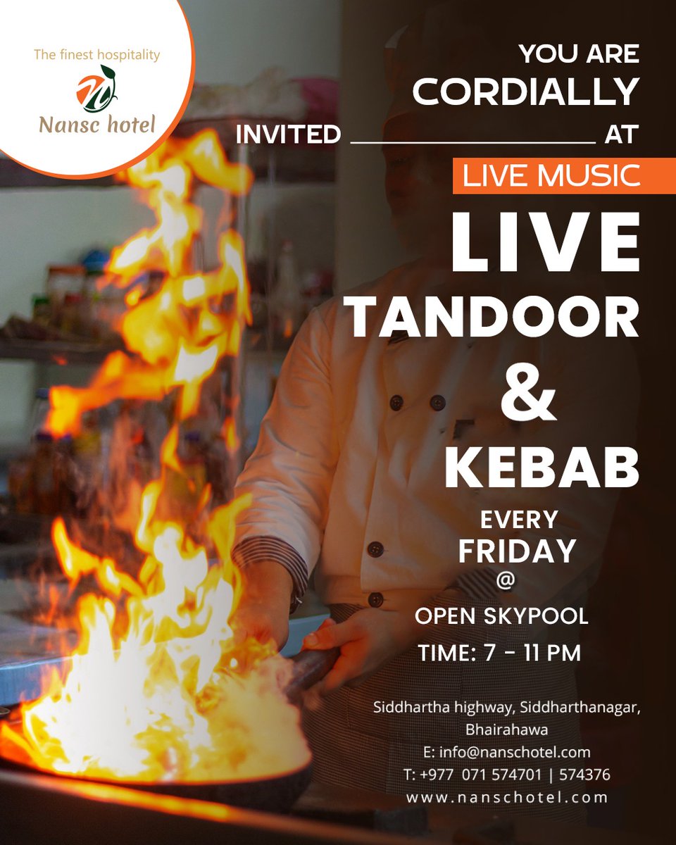 Join us for a night of enchantment at our Live Music & Live Tandoor & Kebab event every Friday @Open Skypool.

Time: 7-11 PM. Be our guest and experience an unforgettable evening.

#NanscHotel #Bhairahawa #LiveMusicFridays #OpenSkyPoolVibes #FridayNightDelights #WeekendRhythm