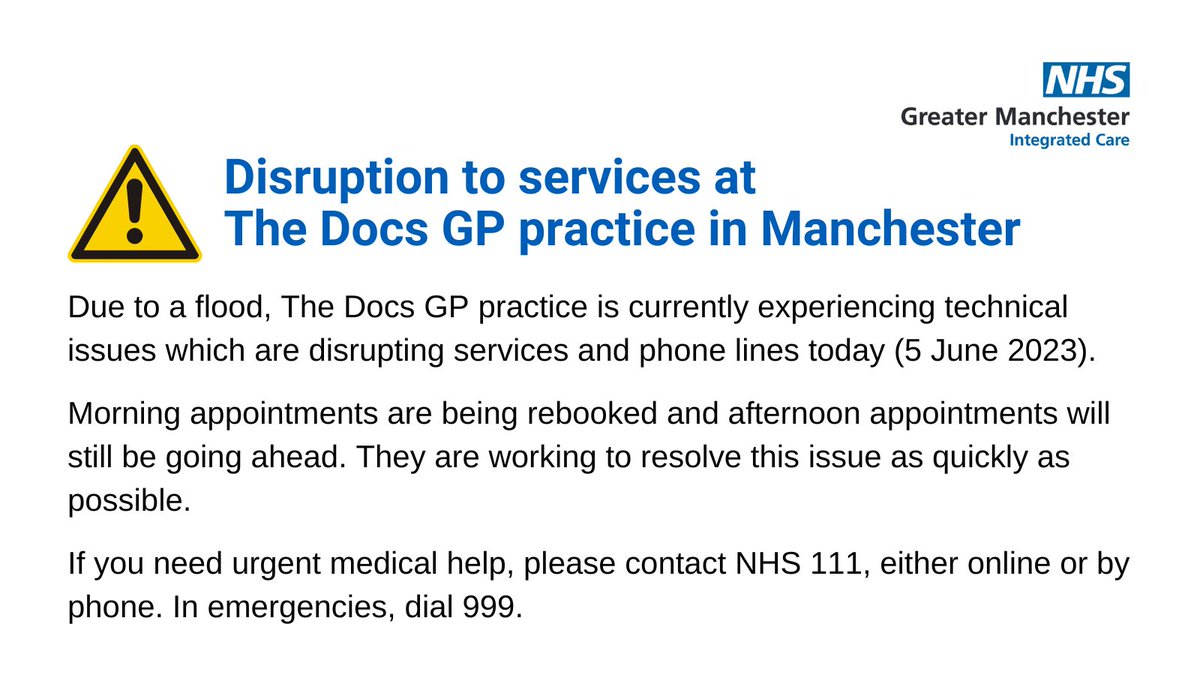 ⚠ The Docs GP practice is experiencing technical issues which are disrupting services and phone lines today (5 June). They are working to resolve this issue as quickly as possible.

If you need medical help, contact NHS 111 either online or by phone. In emergencies, dial 999.