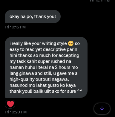 _solhelps's tweet photo. hahha sorry @ napindot ko imbis na # huhu
#alyscomms June 2
what: 3-paragraphs write-up activity
rate: 130 php
status: completed^^
This client of mine has been consistently returning to me for acad comms, and this time, she considered me to be her personal commissioner. 1/2 https://t.co/neF8uBkj5f