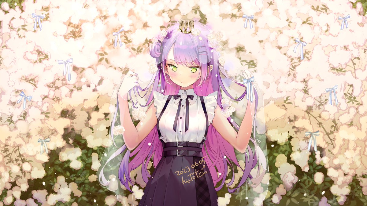 tokoyami towa 1girl long hair purple hair solo green eyes skirt hair ornament  illustration images