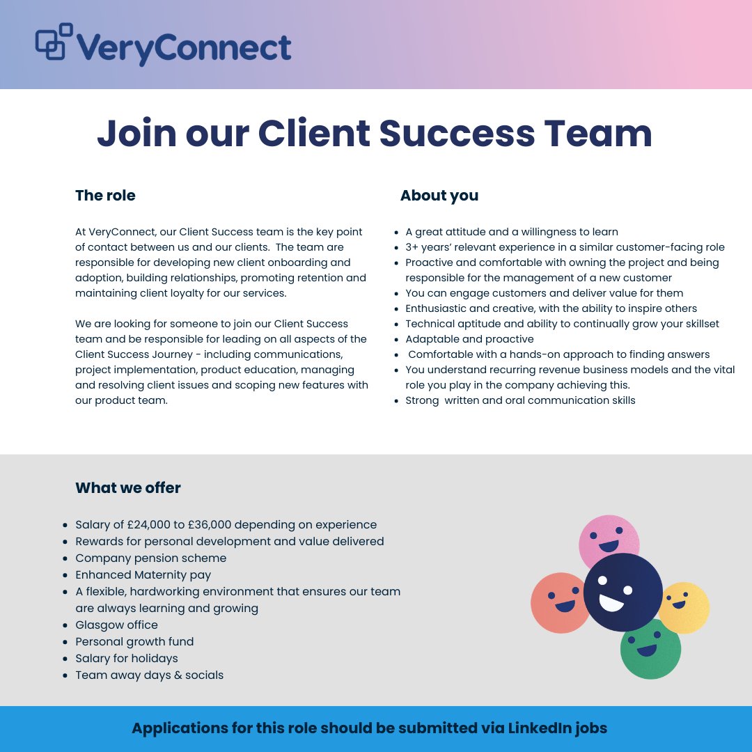 veryconnect's tweet photo. We're hiring for our Client Success Team in Glasgow - a great opportunity for the right candidate! 

To find out more check out the info below:
https://t.co/k6eTgSIGN2

#jobopportunity #glasgowjobs https://t.co/Oo0WLhMIkw