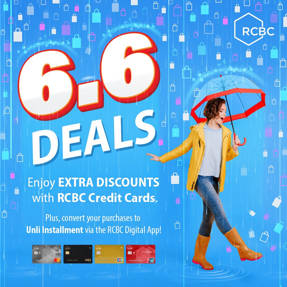 It’s pouring deals and extra discounts this 6.6 with your RCBC Credit Card! 🛒🤩

💜 Get up to ₱500 OFF at Lazada 6.6 Wow Sulitipid Sale from June 6 to 8, 2023. Details here: rcbccredit.com/promos/up-to-5…

🧡 Get ₱100 OFF at Shopee with your RCBC Visa Credit Card using the promo code