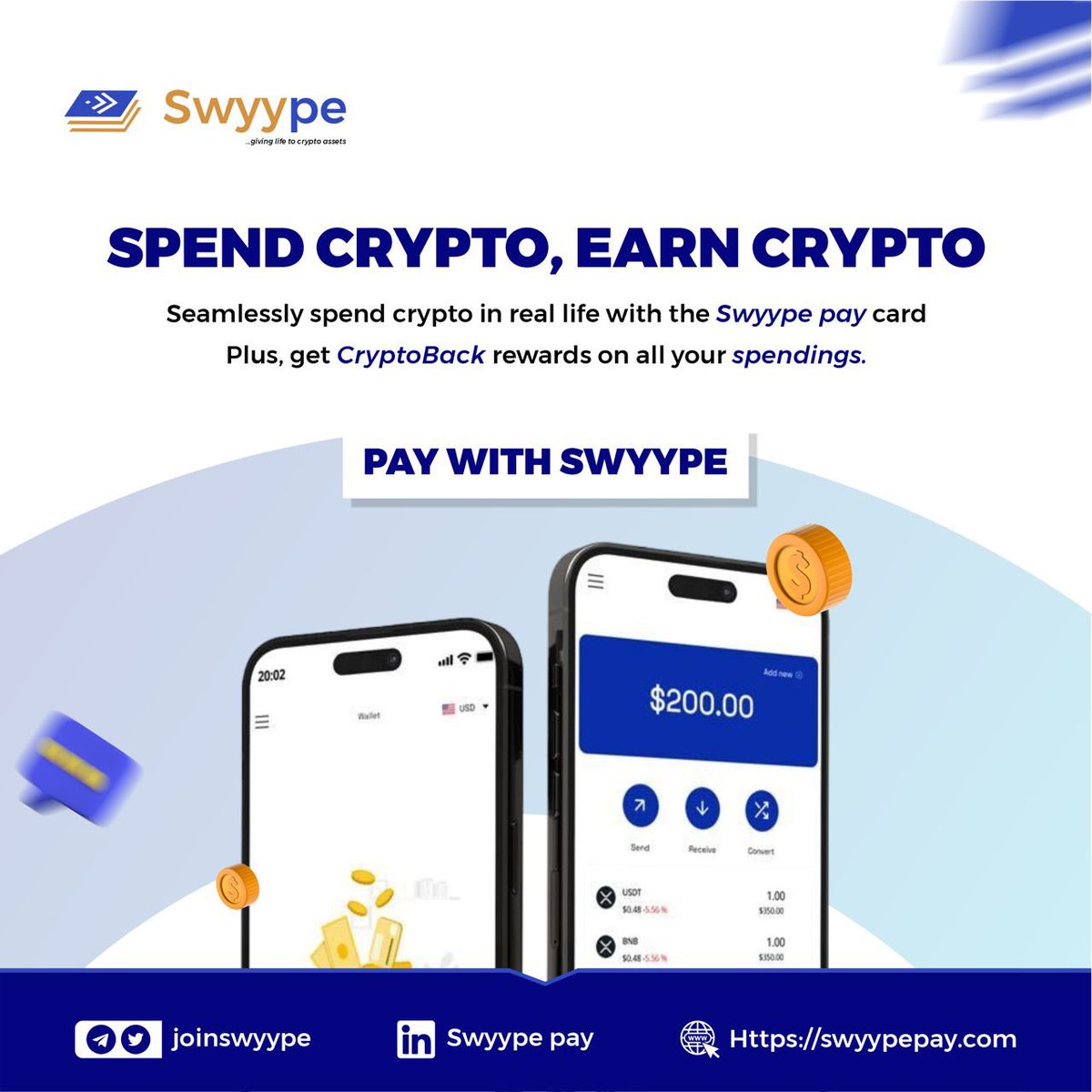 joinswyype's tweet image. The future of spending and earning crypto is here! Embrace the Swyype revolution and be a part of the digital currency movement. 💳💳

Together, we&apos;ll shape a new era of financial freedom. 🚀🚀

#Swyype #CryptoRevolution #SpendCrypto #EarnCrypto #FinancialFreedom