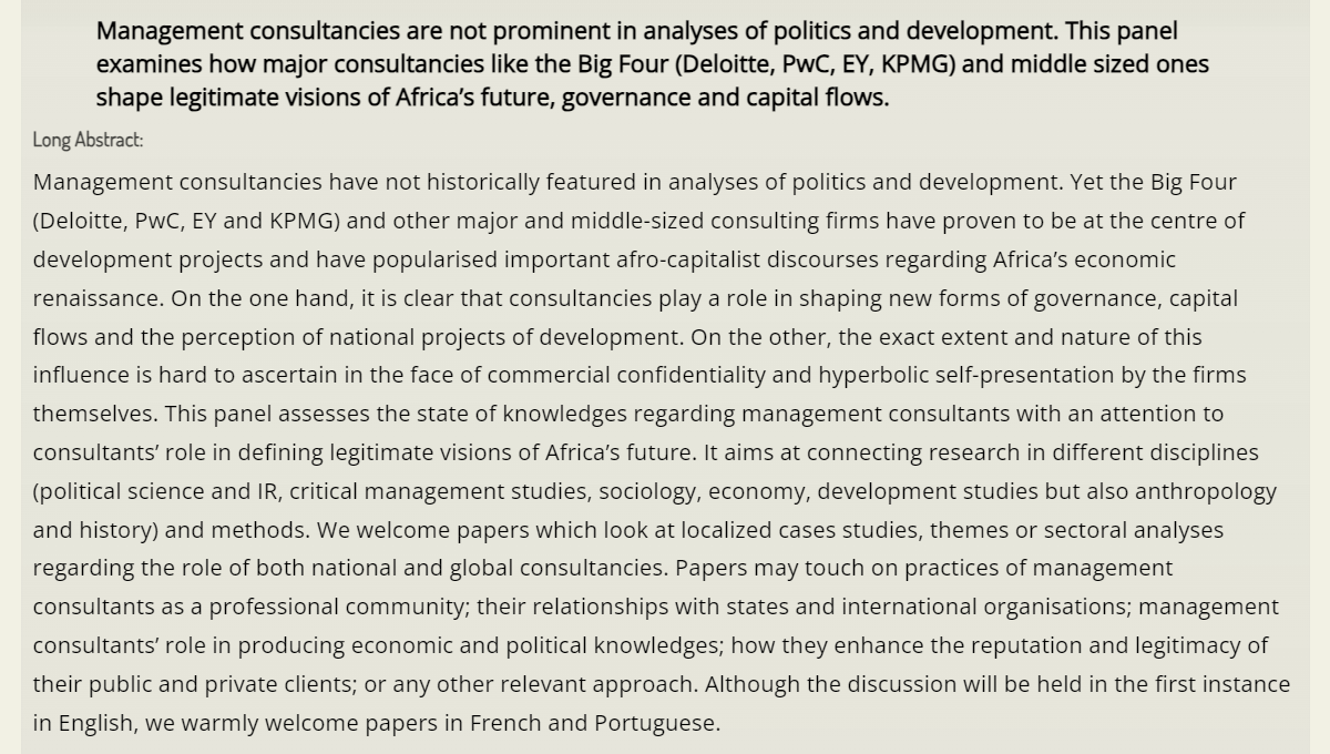 Thanks to everyone who attended our panel last week at #ECAS2023 "Management consultants, developers and politics in Africa" 

Read the paper abstracts here: 
ecasconference.org/2023/programme…

<a href="/pritishbehuria/">Pritish Behuria</a> <a href="/musegeellejr/">Mohamed Muse</a> <a href="/ConstanzeBlum/">Constanze Blum</a>