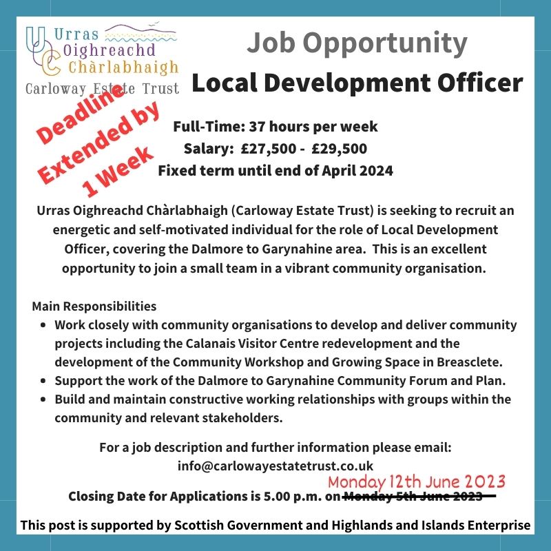 UOCharlabhaigh's tweet photo. DEADLINE EXTENDED
We have extended the application deadline for our Local Development Officer post. The new deadline is 5pm on Monday 12th June. This is a great opportunity to join a small team in a vibrant community. https://t.co/EkHagc41cl