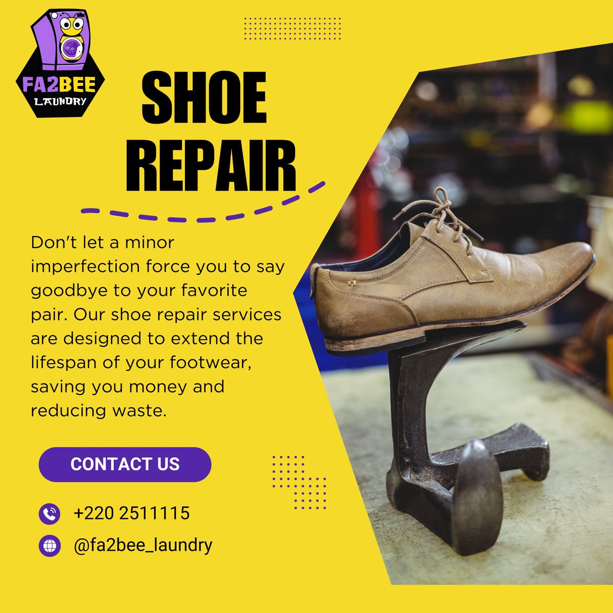 We clean your shoes and repair any damages to it. FA2BEE Laundry Services is the full package! 👟 ✨

💜💛

#FA2BEELaundryServices #ShoeCleaning #ShoeRepair #Gambia