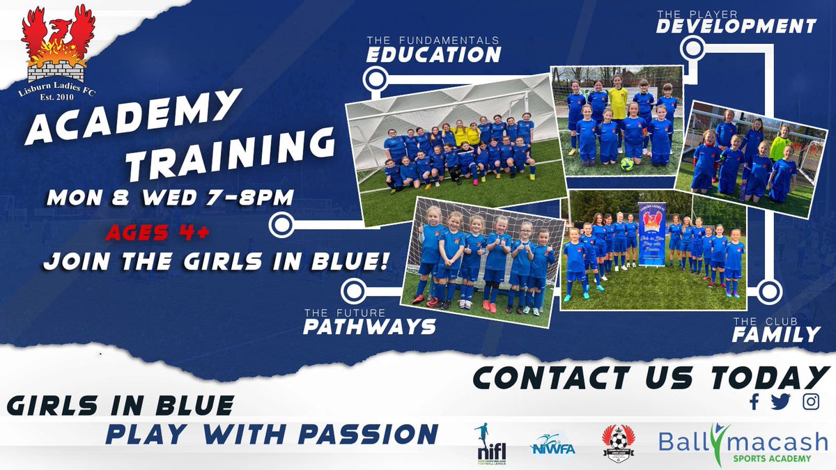 LisburnLadiesFc's tweet photo. ⚽️ ACADEMY TRIALS ⚽️opening up trials across all our Academy age groups for new players to come along and trial out for our Girls in Blue - Lisburn City Only All Girls Football Club
#girlsonlyfootballclub
#PlayerDevelopmentIsKey
#familyclub
GIRLS IN BLUE - PLAY WITH PASSION https://t.co/DBwkV0hD06