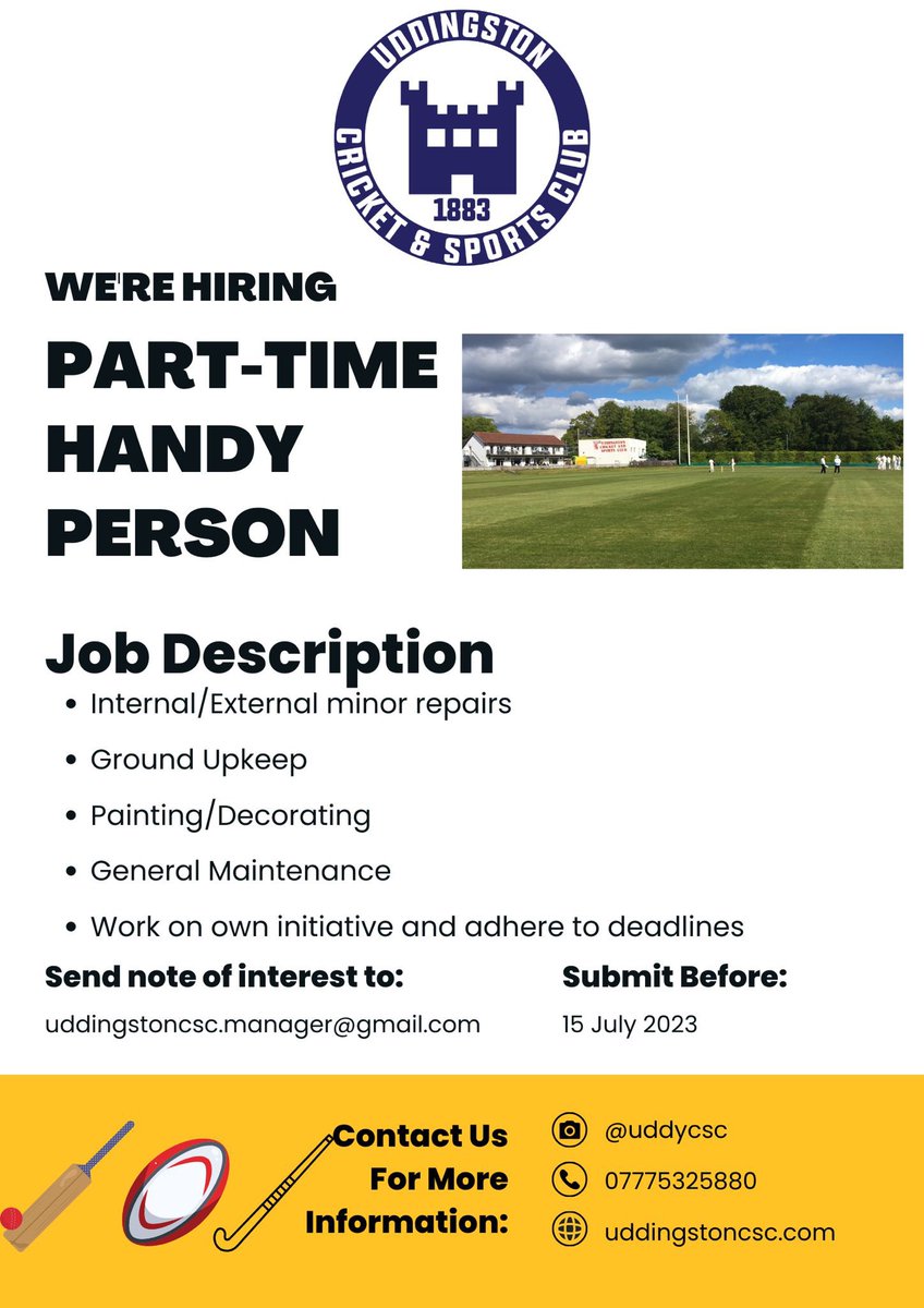 Part Time Handy Person Vacancy!!

Come join our team at Uddingston Cricket and Sports Club

If interested please email Uddingstoncsc.manager@gmail.com to note interest or for further enquiries.

<a href="/UddyHockey/">Uddingston Hockey</a> 
<a href="/UddyCricket/">Tunnock's Uddingston</a> 
<a href="/UddyRFC/">Uddingston RFC</a>