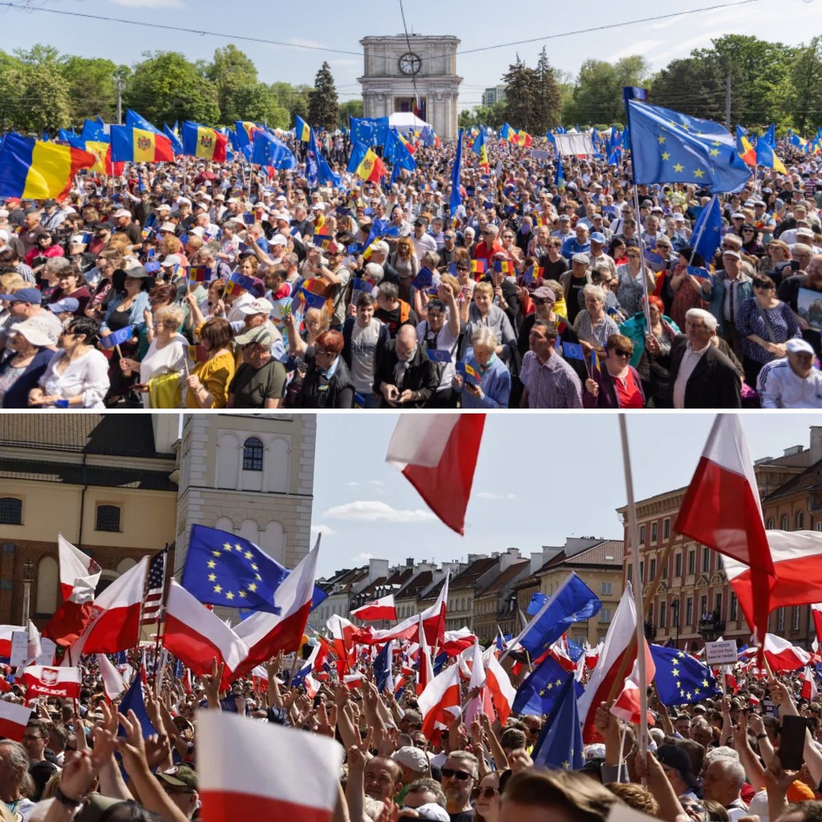 Moldova, 2 weeks ago. Poland, this week.

People are ready to come out for #Europe and for the values of the free world.

 #europeanvalues #EUvalues #moldova #poland #Marsz4czerwca 

Photo sources: președinte.md / Politico.eu