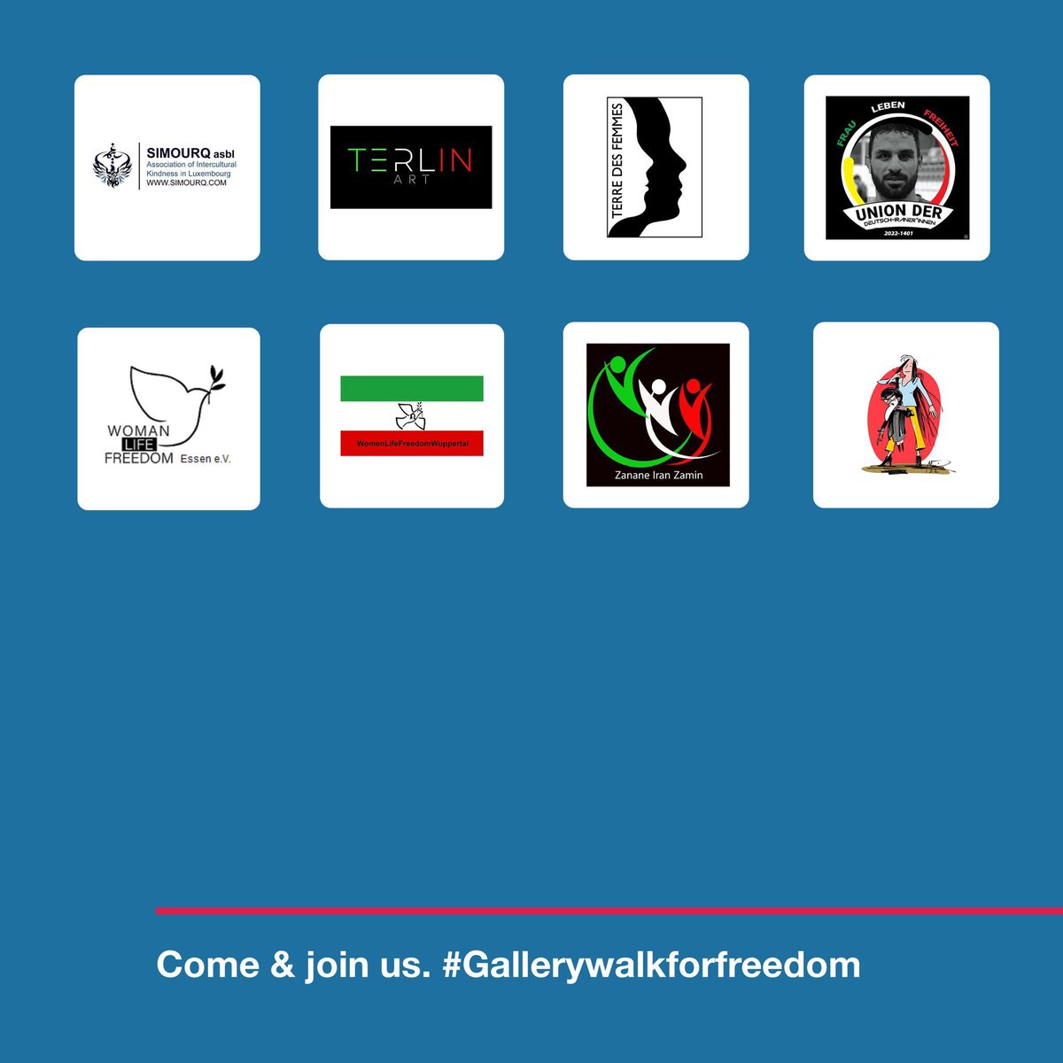 GalleryWalk4's tweet photo. Wir sind hocherfreut euch die zusammenarbeitenden Gruppen des Gallery Walk 4 Freedom zu präsentieren! 

#onediaspora #womenlifefreedom #berlin #Mahsa_Amini #IranRevoIution https://t.co/PAhJMGtMIo