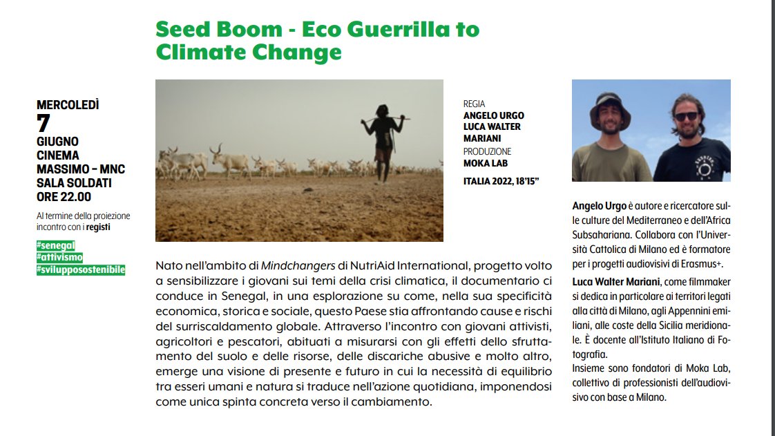🟡 Don't miss 26° edition of @Cinemambiente, the most important Environmental Film Festival! Expecially our #Mindchangers' 'Seed Boom - Eco Guerrilla to Climate Change' on the 7th of June @regionepiemonte festivalcinemambiente.it/it/26-festival… #EUDEARProgramme @EU_DEAR_prog @EU_Partnerships