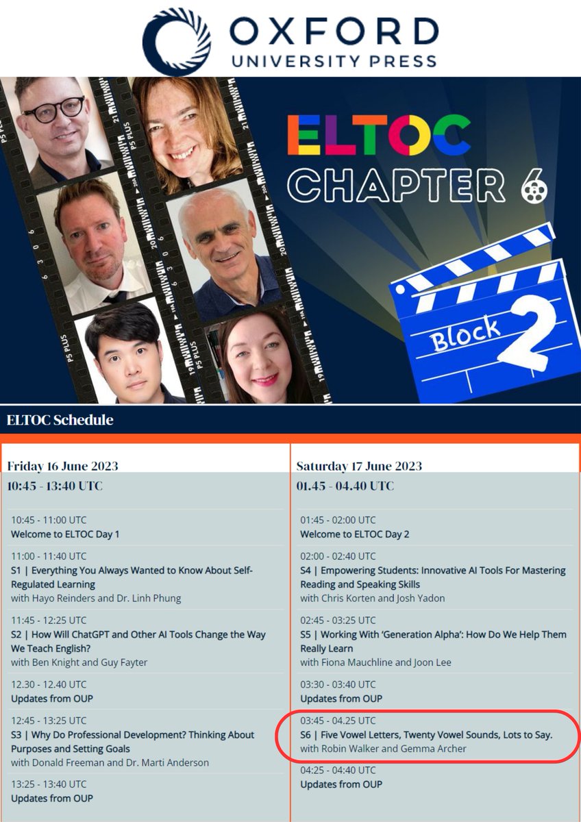 Attending Oxford University Press's ELTOC online conference on June 17th?  Join Robin Walker and I at (4.45am BST!) for our discussion on '5 vowel letters, 20 vowel sounds, lots to say'. 
 For more info: lnkd.in/gt_MjZTH 
#cpd #pronunciation #efl #eap #esl #esol #elf #eil