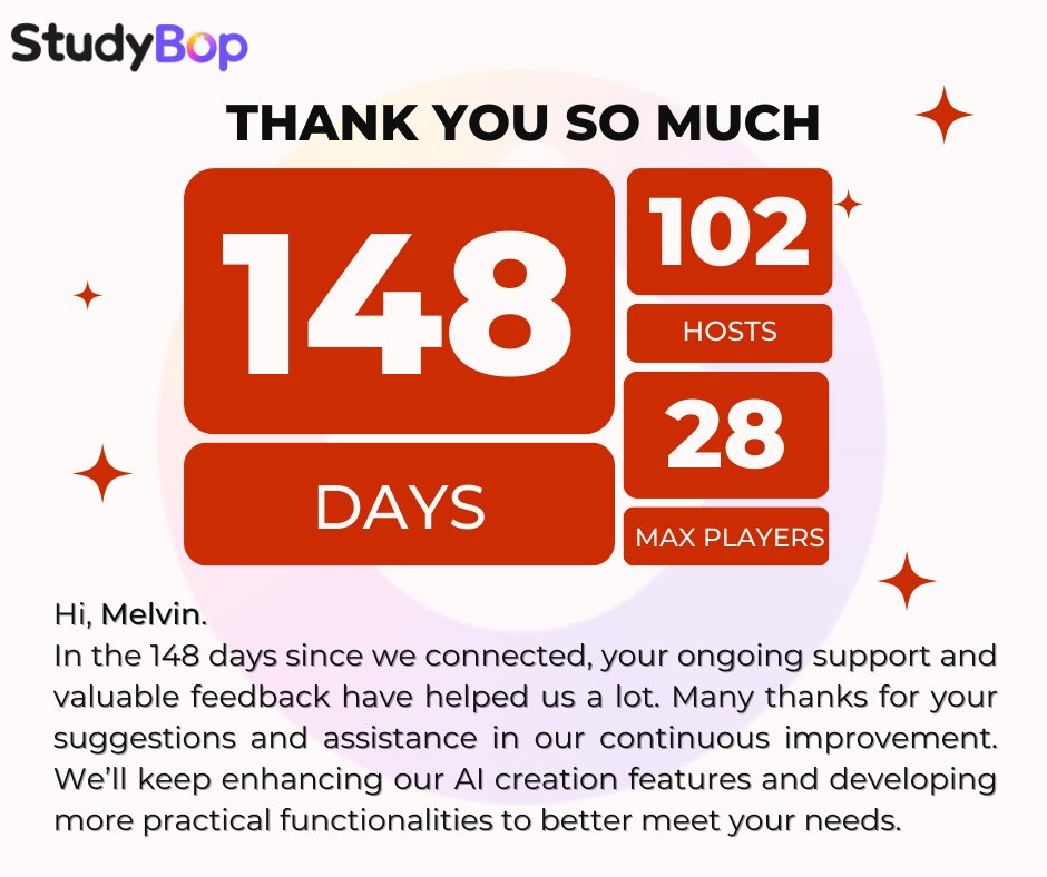 PlayStudyBop's tweet photo. 📢Special Thank-You Notes for StudyBop Teachers!

Your dedication to improving StudyBop fills us with joy!🎉Check your mailbox for your customized thank-you note.💌

Thank you for making our EOY thanksgiving unforgettable. We truly appreciate your support!❤
#ThankYouTeacher