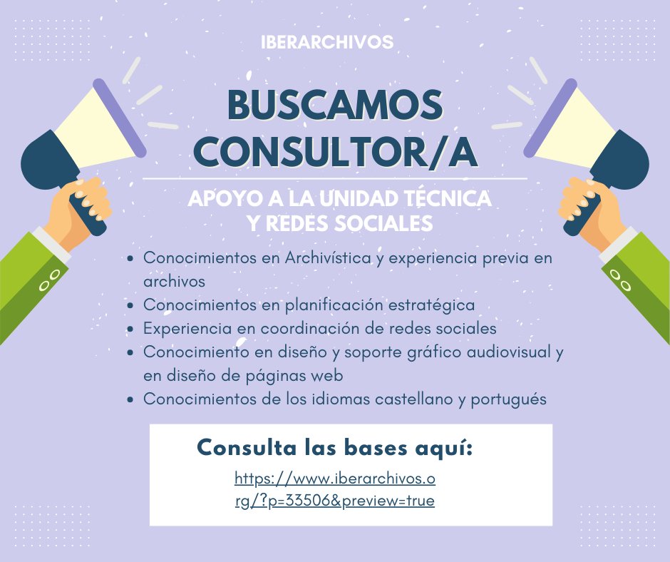 Iberarchivos's tweet photo. 📢🫵Tienes el perfil que estamos buscando? 👩‍💻🧑‍💻
📩📲Manda tu propuesta a la Unidad Técnica de Iberarchivos!
🗓️Hasta el 16 de junio!
#planificacionestratégica #RRSS #consultoría
Consulta aquí la info: https://t.co/xFfFhAIuHi https://t.co/02YczP8LBu