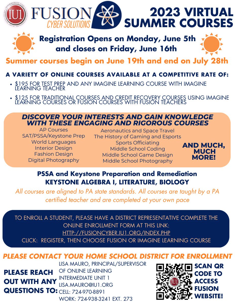 Intermediate Unit 1 (@iu1tweets) on Twitter photo Registration for Fusion Cyber Summer courses is now open!
Visit buff.ly/3Hd2h6r to get started! ๐ ๐ป
<a href="/DonMartinIU1/">Don Martin</a> <a href="/Kristin_SzIU1/">Dr. Kristin Szewczyk</a> <a href="/JennyLentIU1/">Jenny Lent</a> <a href="/RonGallagherIU1/">Ronald Gallagher</a> Registration for Fusion Cyber Summer courses is now open!
Visit buff.ly/3Hd2h6r to get started! ๐ ๐ป
<a href="/DonMartinIU1/">Don Martin</a> <a href="/Kristin_SzIU1/">Dr. Kristin Szewczyk</a> <a href="/JennyLentIU1/">Jenny Lent</a> <a href="/RonGallagherIU1/">Ronald Gallagher</a>