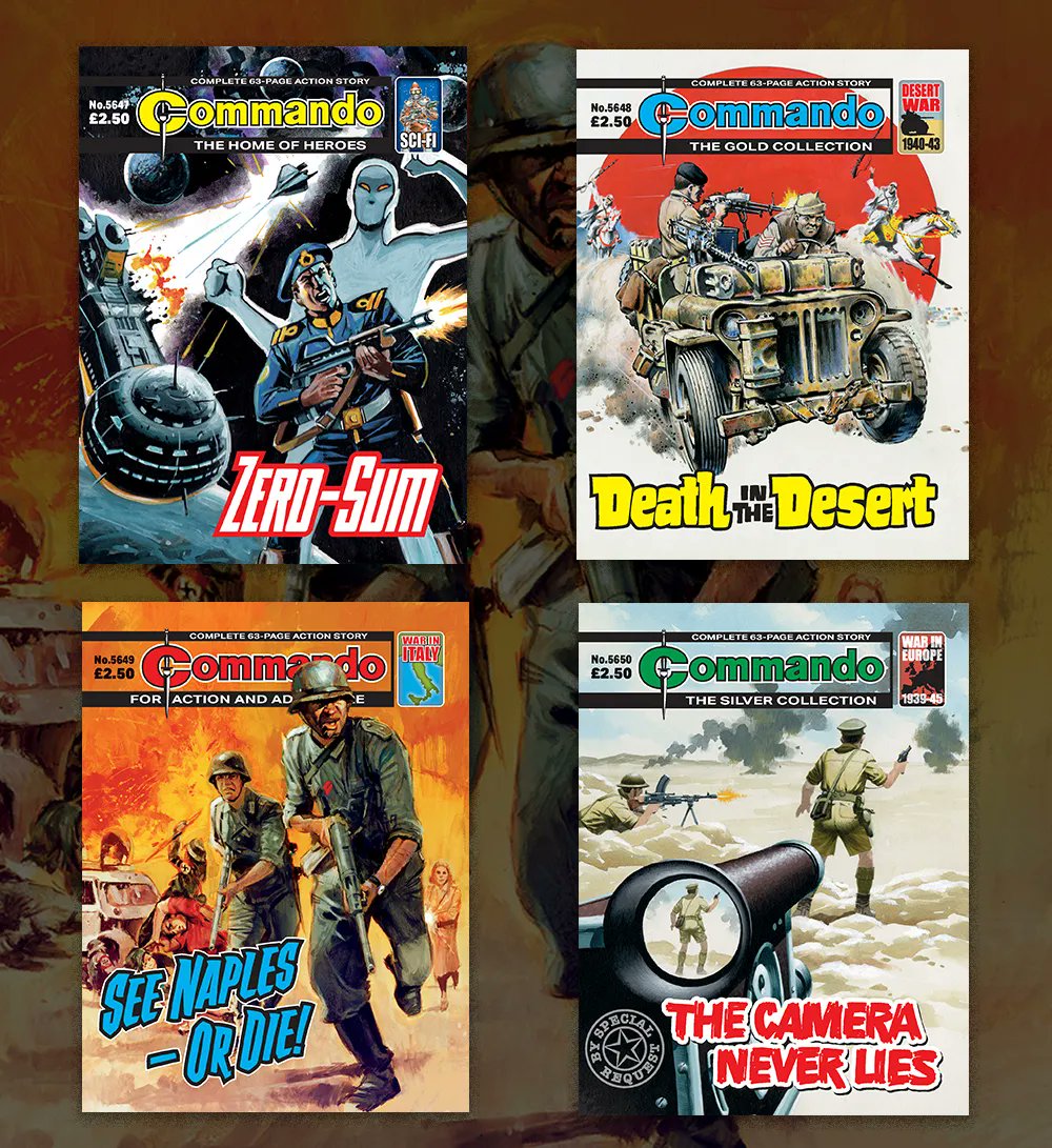 CommandoComic's tweet photo. ISsues 5647 - 5450 are out now! Get your copies at WHSmiths, McColls, and some newsagents or online! Want to check your local stockist by emailing us at generalenquiries@commandomag.com! - QM
#comics #commando #commandocomics #history #artwork #ww2 #warcomics https://t.co/ONCQhcqwpW