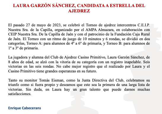 AjedrezJaen's tweet photo. Tanto su monitor Tomás Eisman, como la Junta Directiva del Club, celebramos su triunfo como si fuera propio y deseamos que este sea la primera de una larga lista de victorias. Sin duda, en Laura hay un gran talento que puede darnos muchas satisfacciones. https://t.co/RGyLDRN8Bg